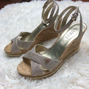 Guess silver metallic cork wedges